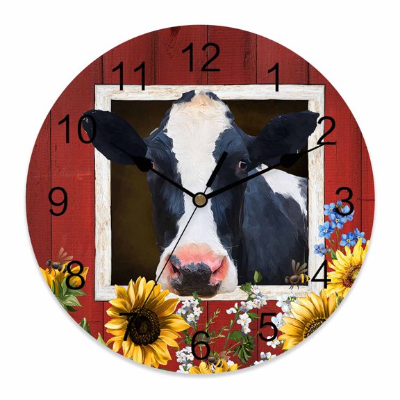 Wall Clock Cow Sunflower Clocks PVC Silent Non-Ticking Battery Operated Decorative Farm Animal Barn Round Clock for Home Living Room Kitchen Bedroom Office School Wall Decor 10 Inch