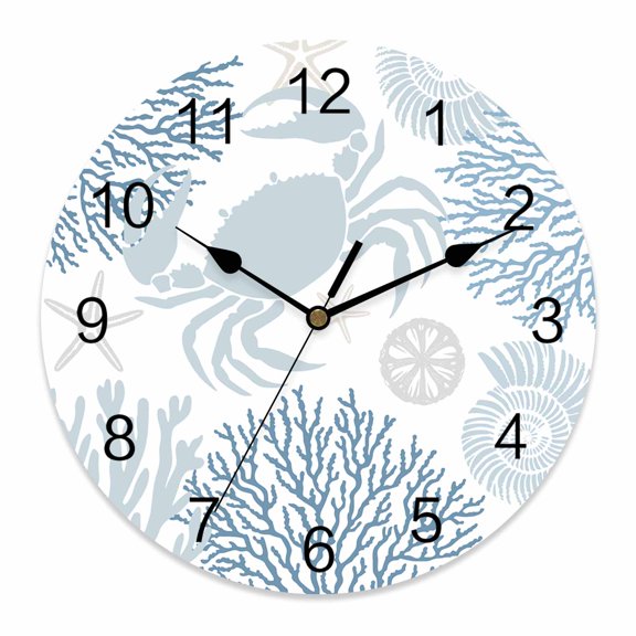 Wall Clock Crab Clocks PVC Silent Non-Ticking Battery Operated Decorative Blue Coral Starfish Shell Round Clock for Home Living Room Kitchen Bedroom Office School Wall Decor 10 Inch