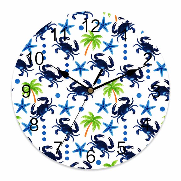 Wall Clock Crab Starfish Clocks PVC Silent Non-Ticking Battery Operated Decorative Summer Tropical Coconut Tree Round Clock for Home Living Room Kitchen Bedroom Office School Wall Decor 10 Inch