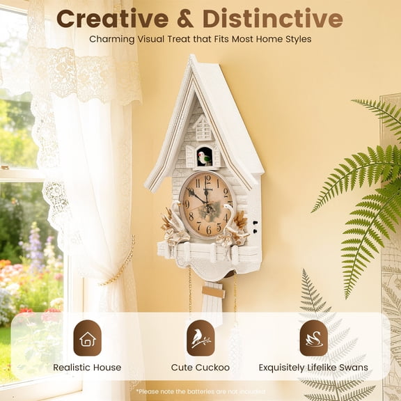 Wall Clock, Cuckoo Clock with Automatic Bird Chirp Every Hour, High/Low/Off Volume Control, Durable Plastic Yellow Crackle Finish for Living Room