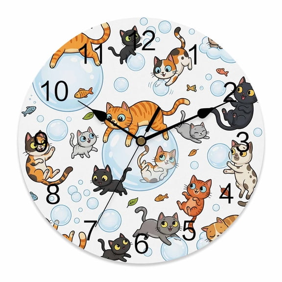 Wall Clock Cute Cat Bubble Clocks PVC Silent Non-Ticking Battery Operated Decorative Playing Animal Catty Fish Round Clock for Home Living Room Kitchen Bedroom Office School Wall Decor 12 Inch