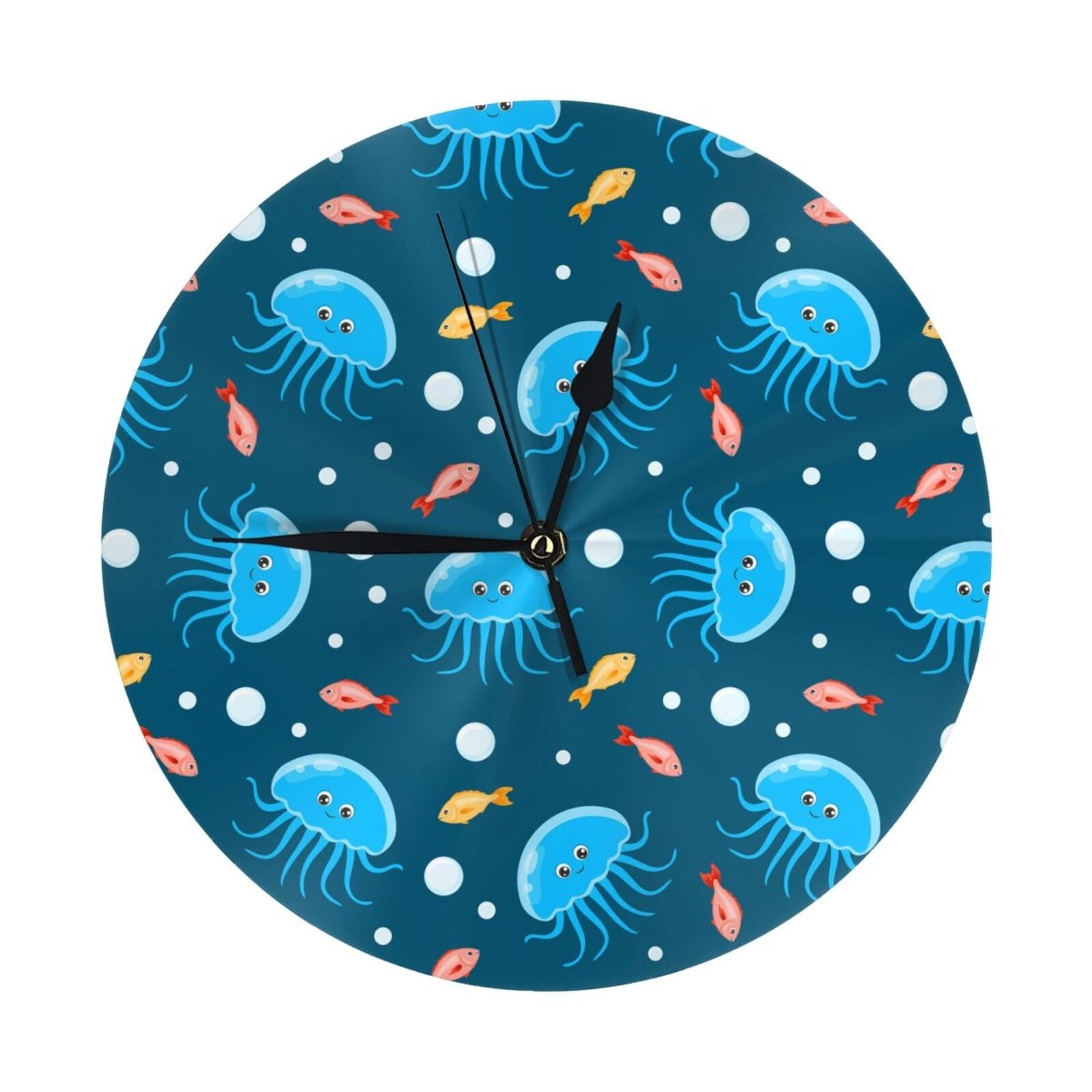 Wall Clock, Cute Fish Blue Jellyfish Wall Clocks Battery Operated ...