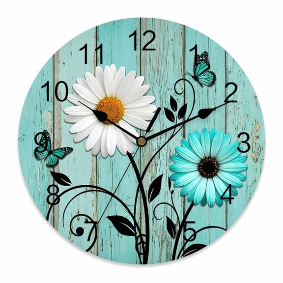 Wall Clock Daisy Flower Butterfly Clocks PVC Silent Non-Ticking Battery Operated Teal Blue Rustic Wood Grain Round Clock for Home Living Room Kitchen Bedroom Office School Wall Decor 12 Inch