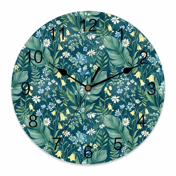Wall Clock Daisy Flower Clocks PVC Silent Non-Ticking Battery Operated Decorative Spring Wildflower Green Leaves Round Clock for Home Living Room Kitchen Bedroom Office School Wall Decor 10 Inch