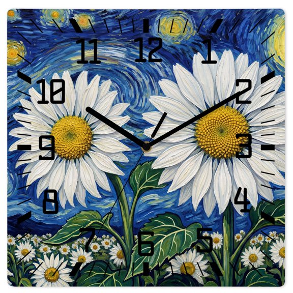 Wall Clock Daisy Flower Operated Square Clocks Wooden Silent Non-Ticking Wallclock 10 Inch Star Moon Clouds Starry Sky Wood Wall Clock for Living Room Bedroom Office Shool Home Decor