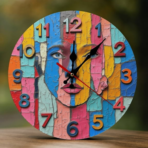 Wall Clock Decorative - Abstract Color Face Art Print 2D Vintage Wall Clocks Battery Operated Silent Non-Ticking for Bedroom, Living Room, Kitchen, Office, Classroom, 10 Inch
