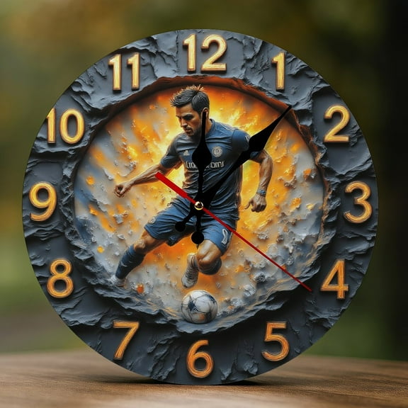 Wall Clock Decorative - Action Soccer Player Print 2D Vintage Wall Clocks Battery Operated Silent Non-Ticking for Bedroom, Living Room, Kitchen, Office, Classroom, 10 Inch