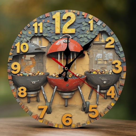 Wall Clock Decorative - BBQ Grills Backyard Wall Print 2D Vintage Wall Clocks Battery Operated Silent Non-Ticking for Bedroom, Living Room, Kitchen, Office, Classroom, 10 Inch