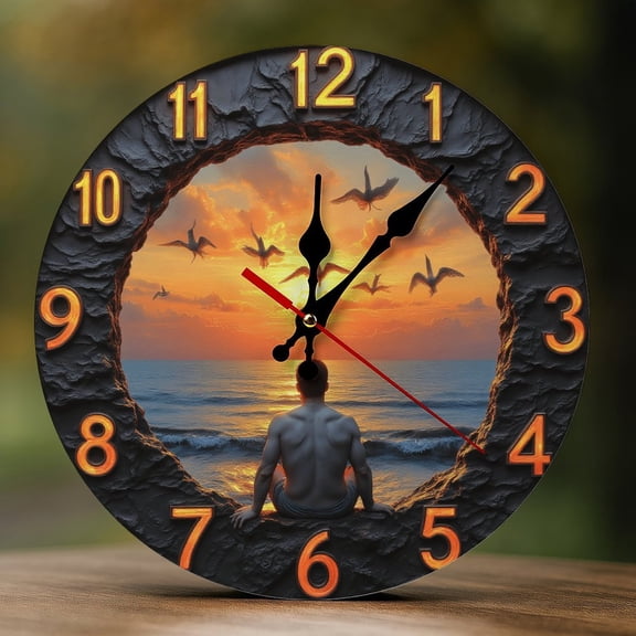 Wall Clock Decorative - Beach Sunset Scenery Print 2D Vintage Wall Clocks Battery Operated Silent Non-Ticking for Bedroom, Living Room, Kitchen, Office, Classroom, 10 Inch