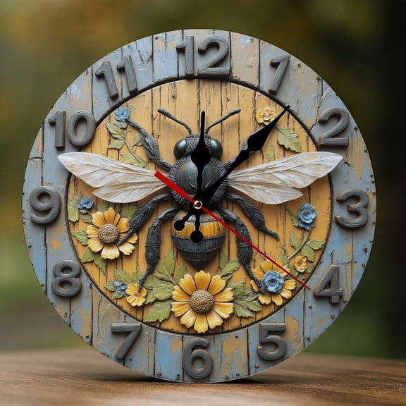 Wall Clock Decorative - Bee with Flowers Print 2D Vintage Wall Clocks Battery Operated Silent Non-Ticking for Bedroom, Living Room, Kitchen, Office, Classroom, 10 Inch