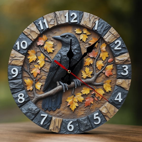 Wall Clock Decorative - Black Crow Maple Leaf Print 2D Vintage Wall Clocks Battery Operated Silent Non-Ticking for Bedroom, Living Room, Kitchen, Office, Classroom, 10 Inch