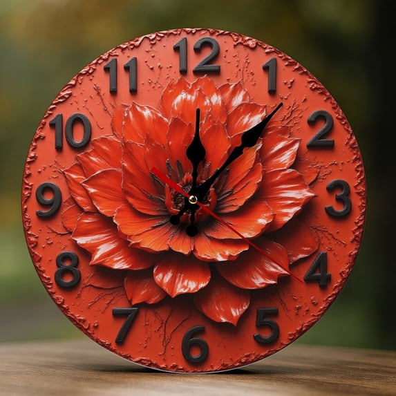 Wall Clock Decorative - Bold Red Flower Print 2D Vintage Wall Clocks Battery Operated Silent Non-Ticking for Bedroom, Living Room, Kitchen, Office, Classroom, 10 Inch