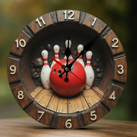 Wall Clock Decorative - Bowling Pins And Ball Print 2D Vintage Wall Clocks Battery Operated Silent Non-Ticking for Bedroom, Living Room, Kitchen, Office, Classroom, 10 Inch