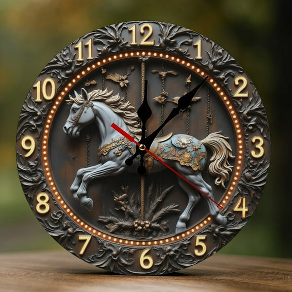 Wall Clock Decorative - Carousel Horse Vintage Print 2D Vintage Wall Clocks Battery Operated Silent Non-Ticking for Bedroom, Living Room, Kitchen, Office, Classroom, 10 Inch