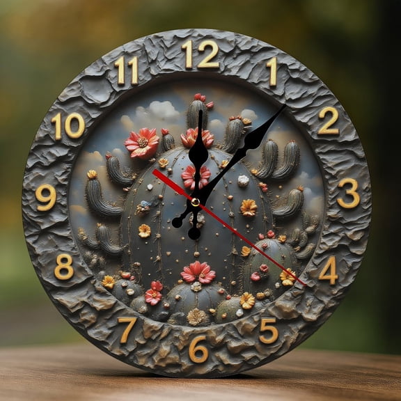 Wall Clock Decorative - Cartoon Cactus with Flowers Print 2D Vintage Wall Clocks Battery Operated Silent Non-Ticking for Bedroom, Living Room, Kitchen, Office, Classroom, 10 Inch