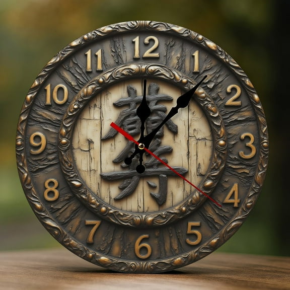 Wall Clock Decorative - Chinese Seal Script Print 2D Vintage Wall Clocks Battery Operated Silent Non-Ticking for Bedroom, Living Room, Kitchen, Office, Classroom, 10 Inch