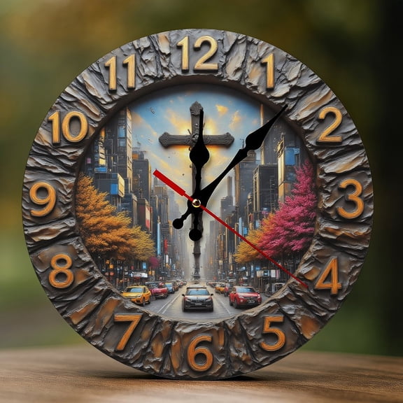 Wall Clock Decorative - City Cross Landscape Print 2D Vintage Wall Clocks Battery Operated Silent Non-Ticking for Bedroom, Living Room, Kitchen, Office, Classroom, 10 Inch