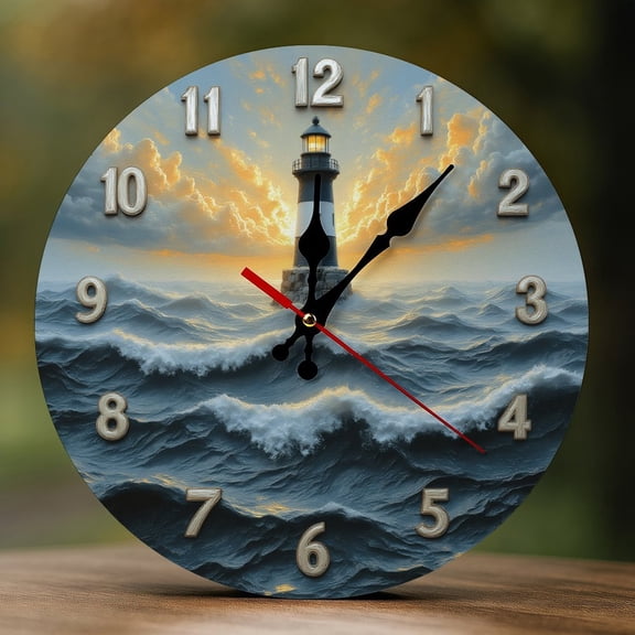 Wall Clock Decorative - Classic Blue Lighthouse Print 2D Vintage Wall Clocks Battery Operated Silent Non-Ticking for Bedroom, Living Room, Kitchen, Office, Classroom, 10 Inch
