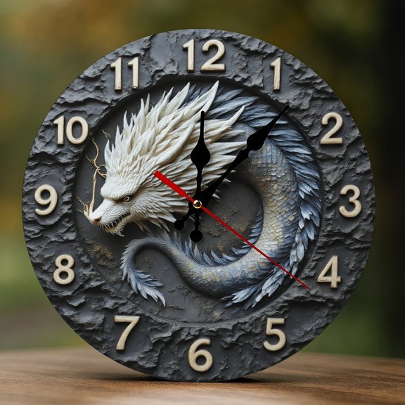 Wall Clock Decorative - Classic White Dragon Print 2D Vintage Wall Clocks Battery Operated Silent Non-Ticking for Bedroom, Living Room, Kitchen, Office, Classroom, 10 Inch