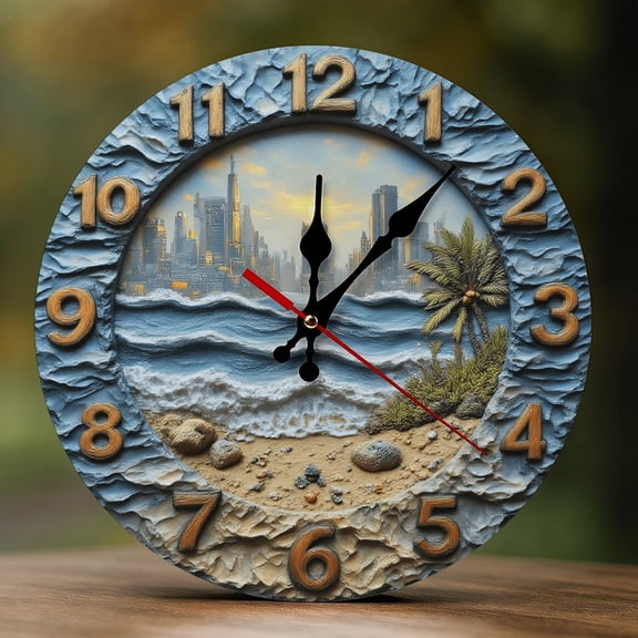 Wall Clock Decorative - Coastal Beach City View Print 2D Vintage Wall Clocks Battery Operated Silent Non-Ticking for Bedroom, Living Room, Kitchen, Office, Classroom, 10 Inch
