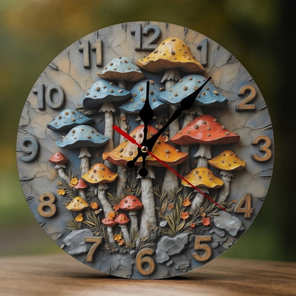 Wall Clock Decorative - Colorful Forest Mushrooms Print 2D Vintage Wall Clocks Battery Operated Silent Non-Ticking for Bedroom, Living Room, Kitchen, Office, Classroom, 10 Inch