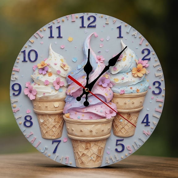 Wall Clock Decorative - Colorful Ice Cream Print 2D Vintage Wall Clocks Battery Operated Silent Non-Ticking for Bedroom, Living Room, Kitchen, Office, Classroom, 10 Inch