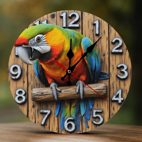 Wall Clock Decorative - Colorful Parrot on Branch Print 2D Vintage Wall Clocks Battery Operated Silent Non-Ticking for Bedroom, Living Room, Kitchen, Office, Classroom, 10 Inch