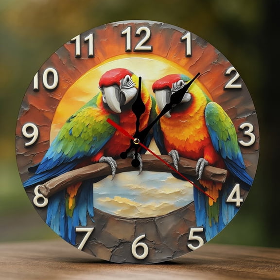 Wall Clock Decorative - Colorful Parrot Duo Print 2D Vintage Wall Clocks Battery Operated Silent Non-Ticking for Bedroom, Living Room, Kitchen, Office, Classroom, 10 Inch