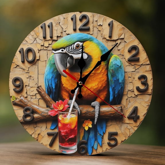 Wall Clock Decorative - Colorful Tropical Parrot Print 2D Vintage Wall Clocks Battery Operated Silent Non-Ticking for Bedroom, Living Room, Kitchen, Office, Classroom, 10 Inch