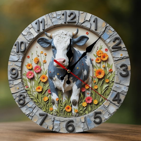 Wall Clock Decorative - Cow with Meadow Flowers Print 2D Vintage Wall Clocks Battery Operated Silent Non-Ticking for Bedroom, Living Room, Kitchen, Office, Classroom, 10 Inch