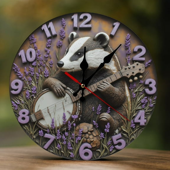 Wall Clock Decorative - Cute Badger Banjo Lavender Print 2D Vintage Wall Clocks Battery Operated Silent Non-Ticking for Bedroom, Living Room, Kitchen, Office, Classroom, 10 Inch