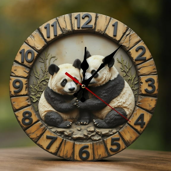 Wall Clock Decorative - Cute Black Panda Duo Print 2D Vintage Wall Clocks Battery Operated Silent Non-Ticking for Bedroom, Living Room, Kitchen, Office, Classroom, 10 Inch