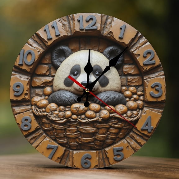 Wall Clock Decorative - Cute Brown Panda Basket Print 2D Vintage Wall Clocks Battery Operated Silent Non-Ticking for Bedroom, Living Room, Kitchen, Office, Classroom, 10 Inch