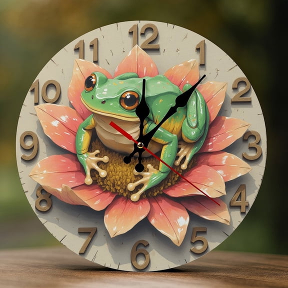 Wall Clock Decorative - Cute Frog Lotus Print 2D Vintage Wall Clocks Battery Operated Silent Non-Ticking for Bedroom, Living Room, Kitchen, Office, Classroom, 10 Inch