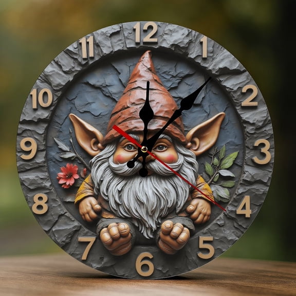 Wall Clock Decorative - Cute Garden Gnome Print 2D Vintage Wall Clocks Battery Operated Silent Non-Ticking for Bedroom, Living Room, Kitchen, Office, Classroom, 10 Inch