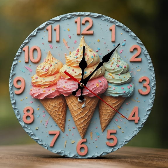 Wall Clock Decorative - Cute Ice Cream Trio Print 2D Vintage Wall Clocks Battery Operated Silent Non-Ticking for Bedroom, Living Room, Kitchen, Office, Classroom, 10 Inch