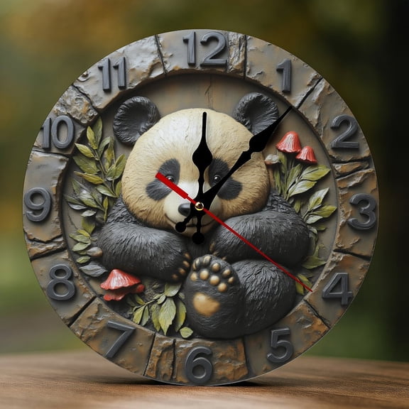 Wall Clock Decorative - Cute Panda Leaves Print 2D Vintage Wall Clocks Battery Operated Silent Non-Ticking for Bedroom, Living Room, Kitchen, Office, Classroom, 10 Inch