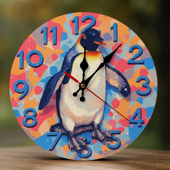 Wall Clock Decorative - Cute Penguin Color Dots Print 2D Vintage Wall Clocks Battery Operated Silent Non-Ticking for Bedroom, Living Room, Kitchen, Office, Classroom, 10 Inch