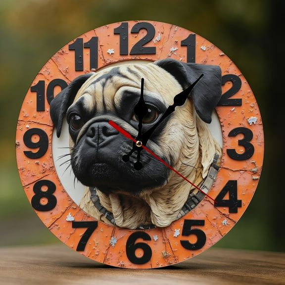 Wall Clock Decorative - Cute Pug Dog Print 2D Vintage Wall Clocks Battery Operated Silent Non-Ticking for Bedroom, Living Room, Kitchen, Office, Classroom, 10 Inch