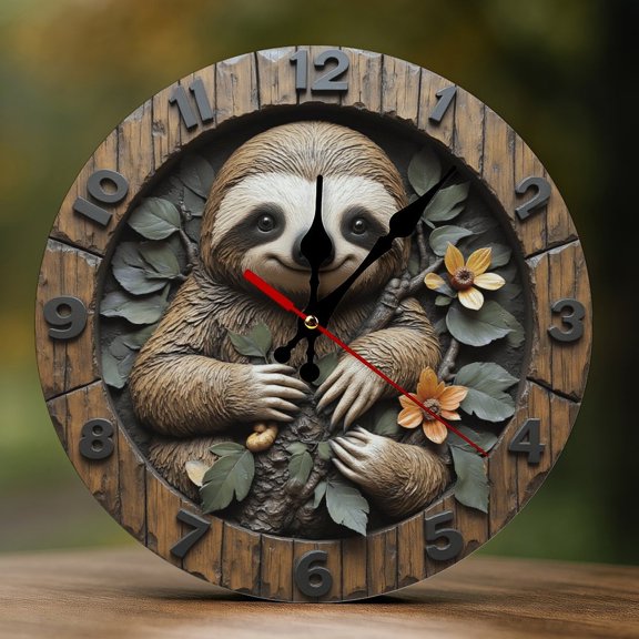 Wall Clock Decorative - Cute Sloth with Flowers Print 2D Vintage Wall Clocks Battery Operated Silent Non-Ticking for Bedroom, Living Room, Kitchen, Office, Classroom, 10 Inch