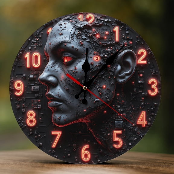Wall Clock Decorative - Cyberpunk Face Print 2D Vintage Wall Clocks Battery Operated Silent Non-Ticking for Bedroom, Living Room, Kitchen, Office, Classroom, 10 Inch