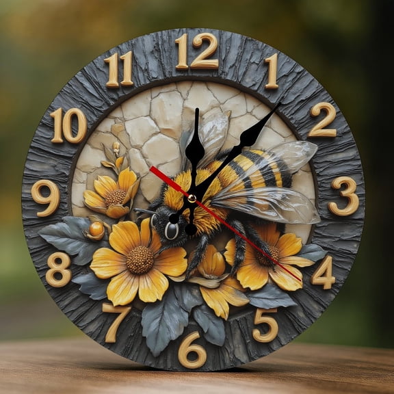 Wall Clock Decorative - Elegant Bee Flower Print 2D Vintage Wall Clocks Battery Operated Silent Non-Ticking for Bedroom, Living Room, Kitchen, Office, Classroom, 10 Inch