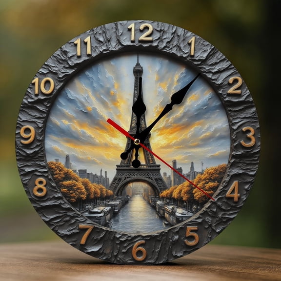 Wall Clock Decorative - Elegant Eiffel Tower Print 2D Vintage Wall Clocks Battery Operated Silent Non-Ticking for Bedroom, Living Room, Kitchen, Office, Classroom, 10 Inch