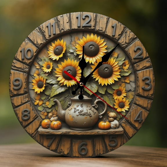 Wall Clock Decorative - Elegant Sunflower Teapot Print 2D Vintage Wall Clocks Battery Operated Silent Non-Ticking for Bedroom, Living Room, Kitchen, Office, Classroom, 10 Inch