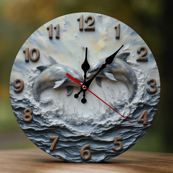Wall Clock Decorative - Elegant Twin Dolphins Print 2D Vintage Wall Clocks Battery Operated Silent Non-Ticking for Bedroom, Living Room, Kitchen, Office, Classroom, 10 Inch