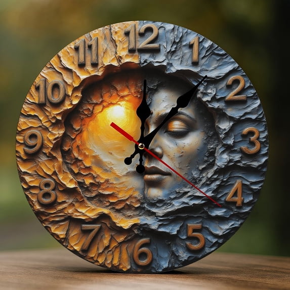 Wall Clock Decorative - Fantasy Moon And Sun Face Print 2D Vintage Wall Clocks Battery Operated Silent Non-Ticking for Bedroom, Living Room, Kitchen, Office, Classroom, 10 Inch