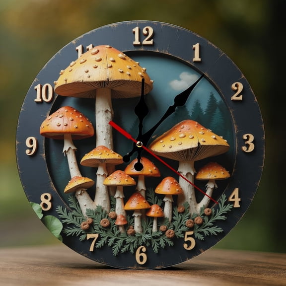 Wall Clock Decorative - Fantasy Mushroom Print 2D Vintage Wall Clocks Battery Operated Silent Non-Ticking for Bedroom, Living Room, Kitchen, Office, Classroom, 10 Inch