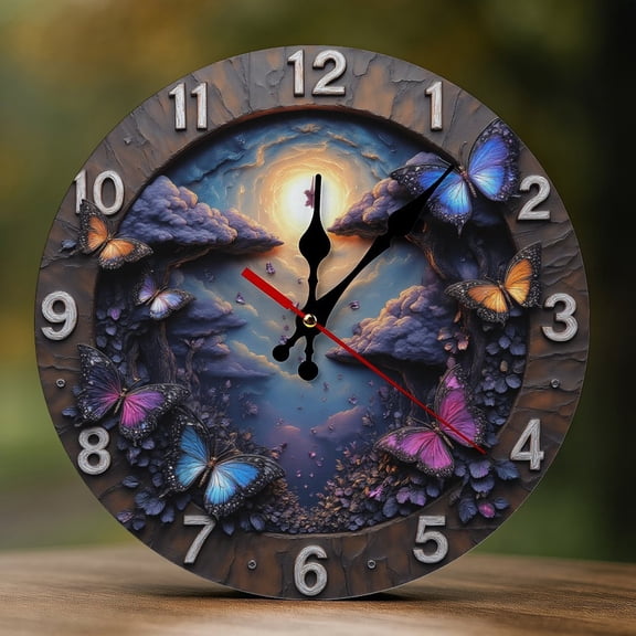Wall Clock Decorative - Fantasy Purple Tree Butterfly Print 2D Vintage Wall Clocks Battery Operated Silent Non-Ticking for Bedroom, Living Room, Kitchen, Office, Classroom, 10 Inch