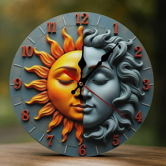 Wall Clock Decorative - Fantasy Sun Moon Face Print 2D Vintage Wall Clocks Battery Operated Silent Non-Ticking for Bedroom, Living Room, Kitchen, Office, Classroom, 10 Inch