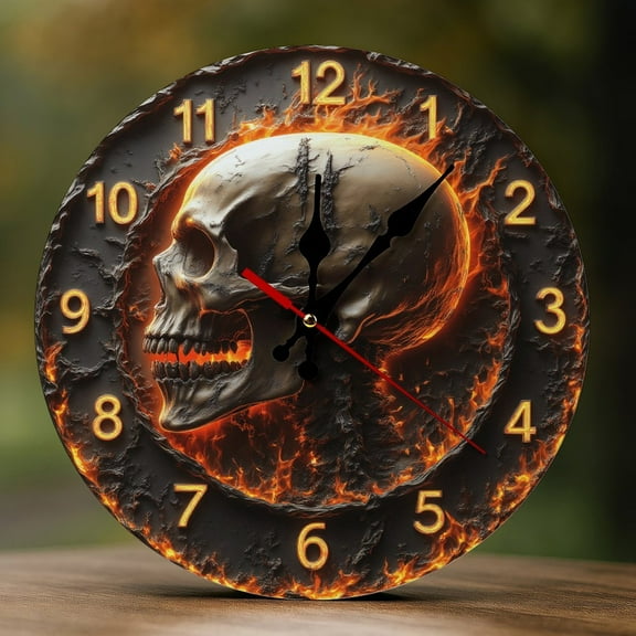 Wall Clock Decorative - Fiery Cool Skull Print 2D Vintage Wall Clocks Battery Operated Silent Non-Ticking for Bedroom, Living Room, Kitchen, Office, Classroom, 10 Inch